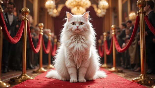 Elegant white cat on red carpet at glamorous event indoor photography luxurious atmosphere close-up