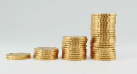 Stacked gold coins increasing in height on white background