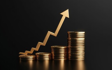 3D rendering of gold coins with an arrow pointing up on a podium against a black background