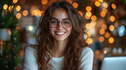 Cheerful young woman with glasses and wavy brown hair smiling joyfully under twinkling holiday lights and in a cozy indoor setting during the Christmas season