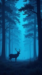 Forest scene with majestic wild animal silhouettes and glowing blue trees against a serene natural landscape, landscape, green