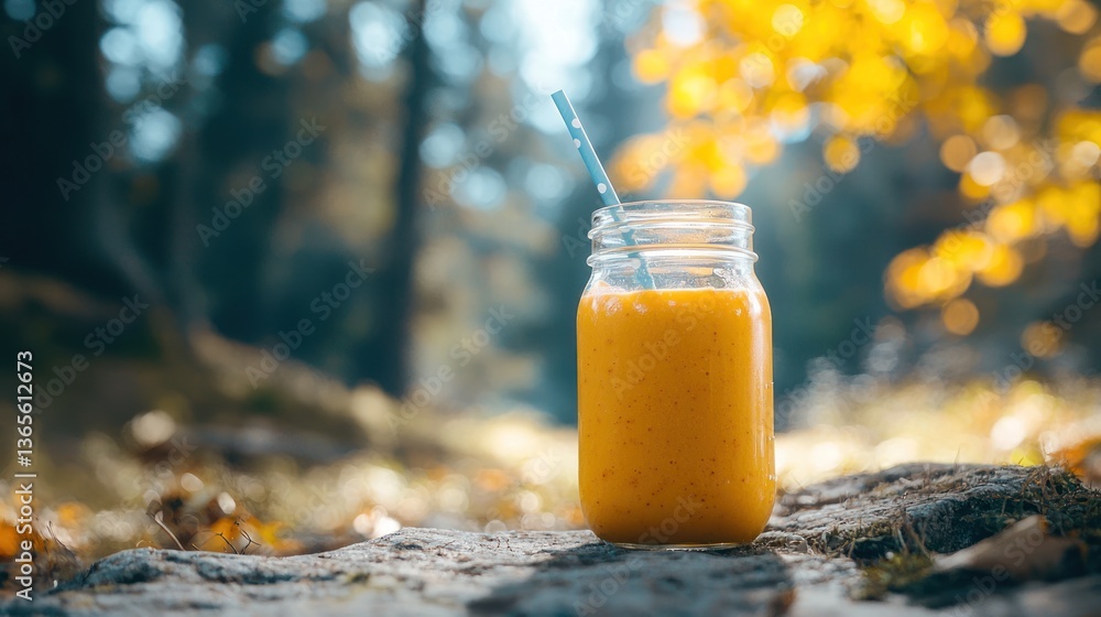 Poster carrot smoothie served in a mason jar with straw