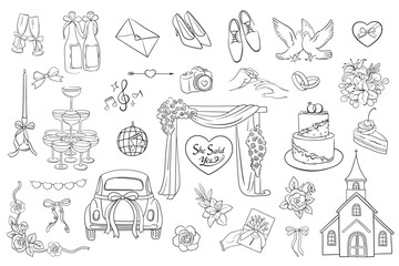 Wedding marriage hand drawn doodle icon set - star, sparkle, heart, rings, glasses, car, church, bow, cake, envelope. Sketch vector marriage symbol on white background for decoration invitation, card