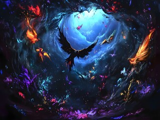Dreamscape of Freedom: Dive into a surreal world where majestic birds and butterflies dance amidst a symphony of colors, evoking a sense of liberation and wonder.