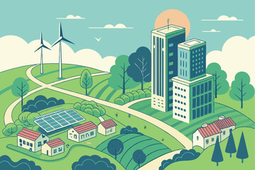 Obraz premium 9 Futuristic green city, sustainable urban landscape, solar panels, wind turbines, skyscrapers, lush parks, clean energy, sunlit cityscape, eco-friendly architecture, vibrant colors, photorealistic re