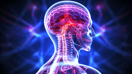 Medical illustration of human brain and spinal cord, highlighting neural activity with glowing purple and red hues, represents neuroscience, brain function, human anatomy in visually striking way