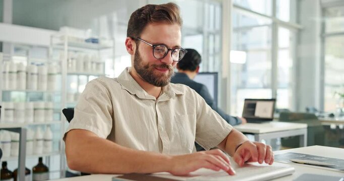 Phone, smile and typing with business man in office for communication, development or update. Computer, keyboard and notification with happy employee at desk in workplace for report or research