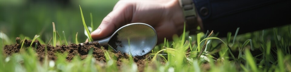 Obraz premium Close-up of a hand with a tool planting seeds in fertile soil, surrounded by green grass.