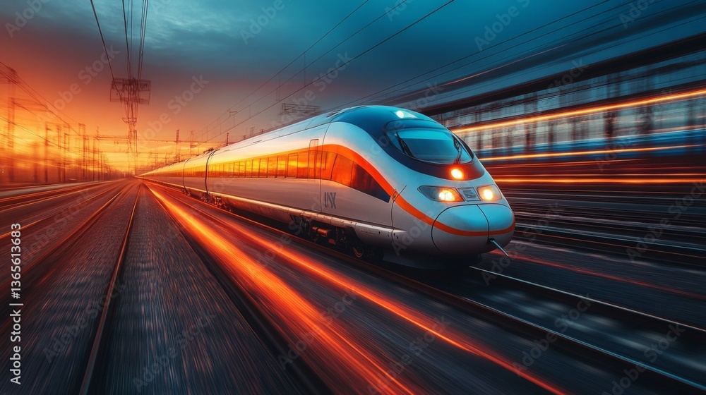 Leinwandbilder a sleek high speed train glides along the railway tracks as the sun sets, emphasizing rapid mobility