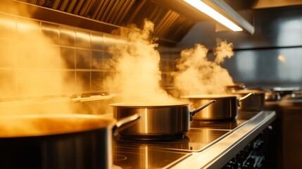 Busy kitchen with steaming pots on the stove, showcasing culinary preparation and ambiance