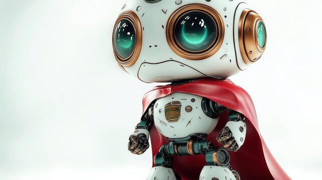 A charming robot character adorned with superhero elements and metallic details, embodying a whimsical fusion of technology and playful artistry that captures the imagination.