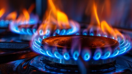Bright flame of gas stove, creating a warm atmosphere in the kitchen. Suitable for articles about cooking and recipes.