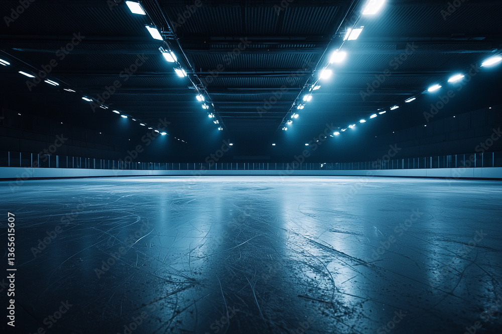 Poster an empty ice rink illuminated by bright overhead lights creating a cool and reflective surface area