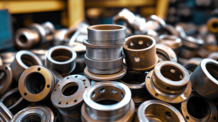 Pile of steel scrap, metal industrial components, including threaded and perforated cylindrical parts. Representation of metalworking, recycling, industrial production