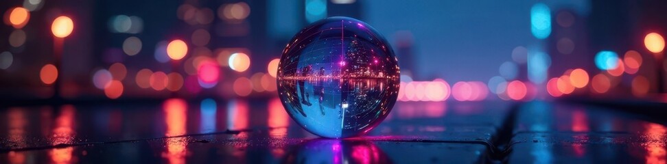 Crystal ball mirroring city lights, overlaid with dynamic data graph , information, digital art