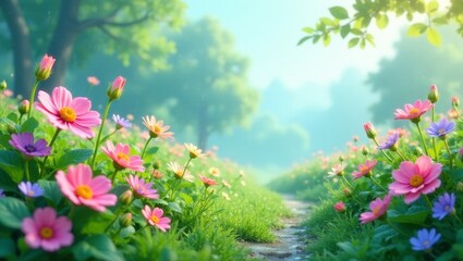 Serene Pathway Through a Field of Delicate Blossoms, bathed in the soft glow of morning sunlight