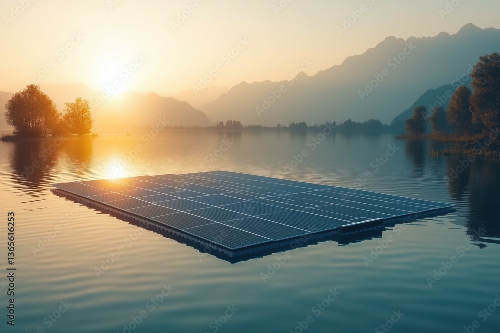 Poster a serene sunrise over a calm lake featuring a floating solar panel platform. the surrounding mountai