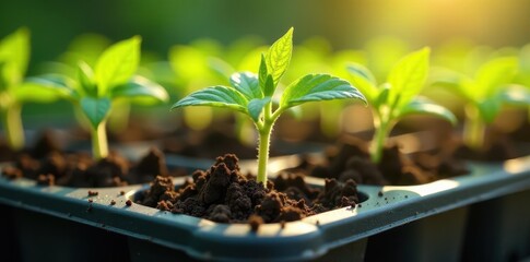 Delicate tomato seedlings in a nursery tray, healthy roots , growth, seed