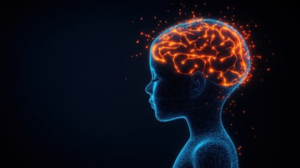 Abstract representation of a child's brain with neural connections glowing in bright colors on a dark background showcasing imagination and creativity