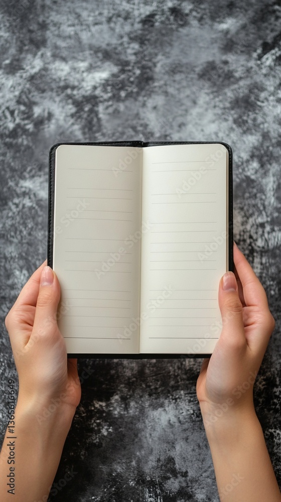 Poster an open blank notebook held by hands against a textured gray background, symbolizing creativity, pot