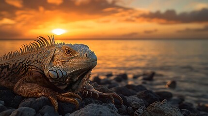 Fototapeta premium Majestic Iguana Perched on Rocky Shore Against Vibrant Sunset and Dramatic Cloudscape