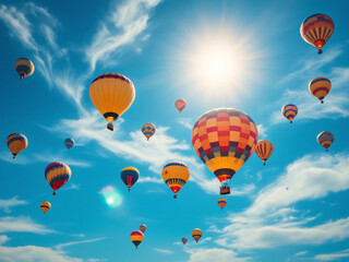 Obraz premium Colorful hot air balloons floating in the sky at sunrise over a scenic landscape.