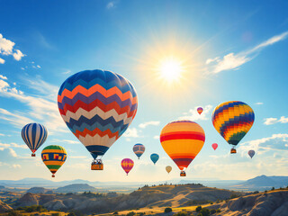 Naklejka premium Colorful hot air balloons floating in the sky at sunrise over a scenic landscape.