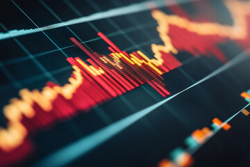 Close up of a financial chart with red and yellow bars and blue lines on a dark background