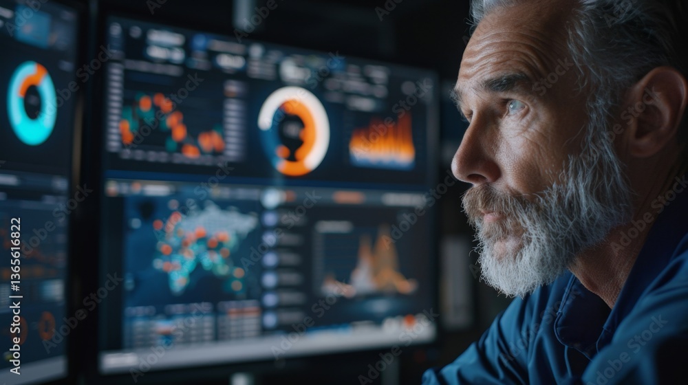 Poster a senior data analyst focuses on multiple screens filled with dynamic graphs and statistics