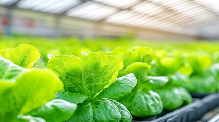 Lush green lettuce thriving in a greenhouse, showcasing healthy growth under natural light