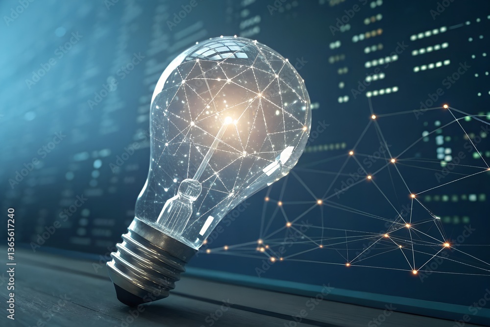 Poster light bulb made of interconnected network line light bulb composed of geometric lines, symbolizing i