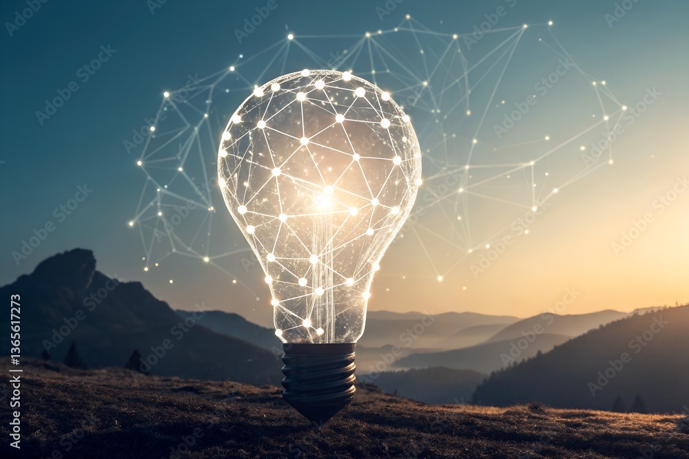 Aufkleber light bulb made of interconnected network line a glowing light bulb surrounded by a network of conne