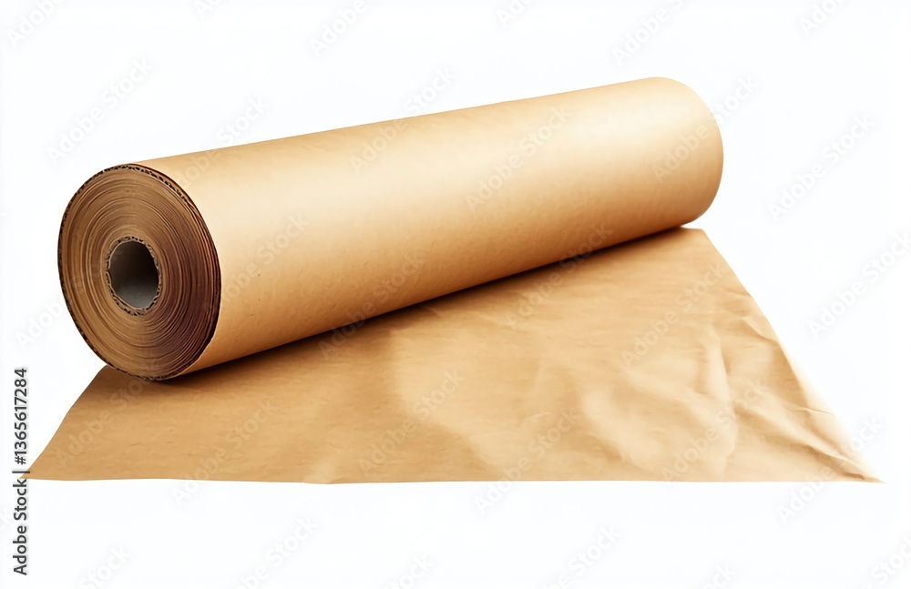 Poster a roll of brown kraft paper unrolled slightly on a white surface in a studio setting view