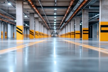 Fototapeta premium Indoor parking structure concrete pillars yellow stripes