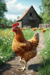 A realistic chicken walking along a dirt path in a vibrant farm setting. The background features a rustic wooden barn and other chickens in a lush green field with wildflowers.