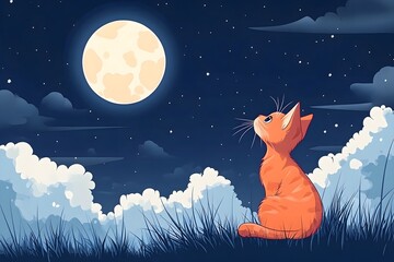 Fototapeta premium A cat sits in the grass and looks at the sky with clouds and moonlight.
