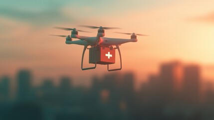 Aerial Drone Delivery of Medical Supplies over Cityscape at Sunset Providing Essential Services with Dramatic Background Lighting