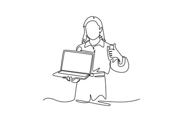 young Asian businesswoman using laptop. Technology in business concept. Single line draw design. Vector graphic illustration