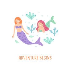 Two female cartoon mermaids exploring underwater adventure.