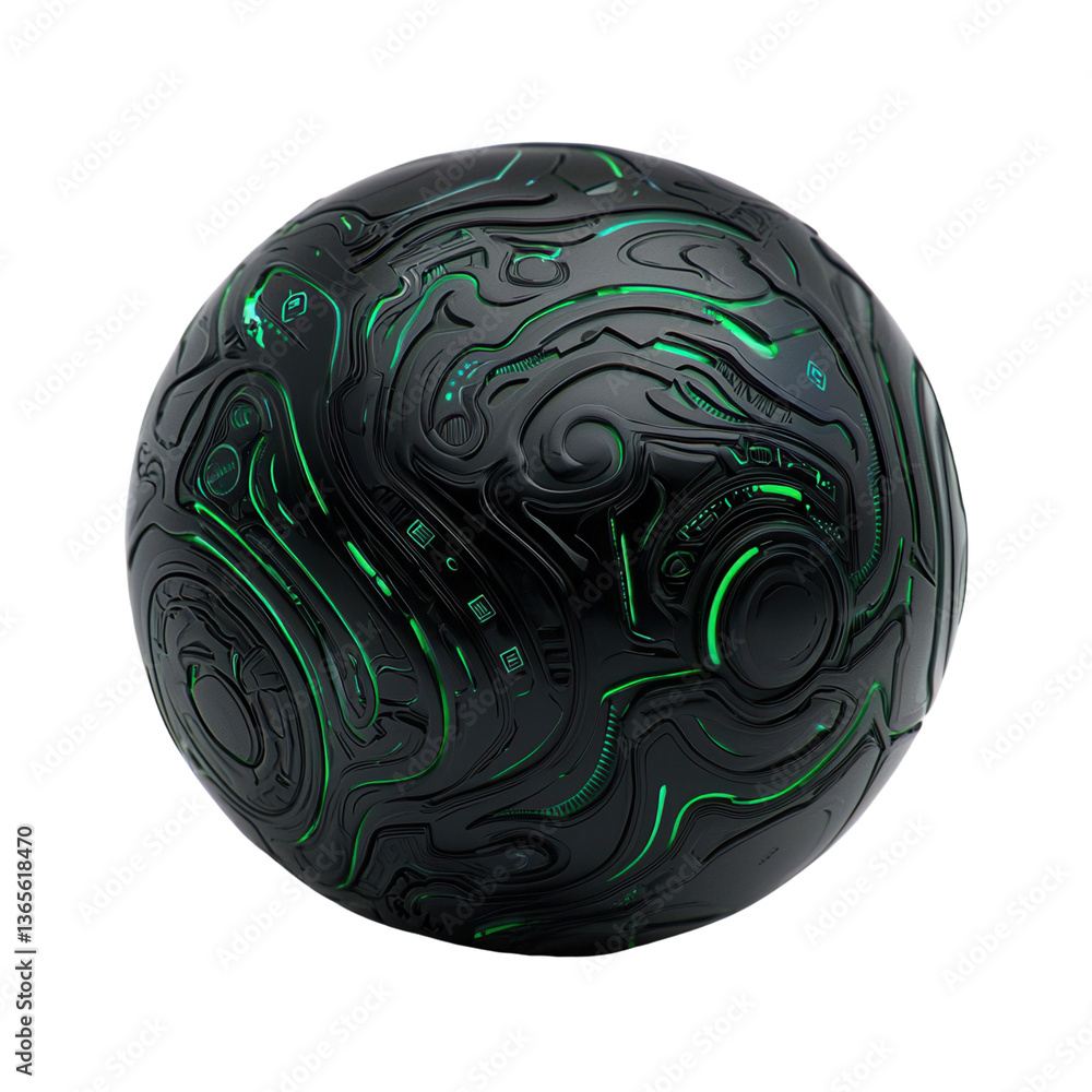 Poster abstract black sphere with glowing green patterns.