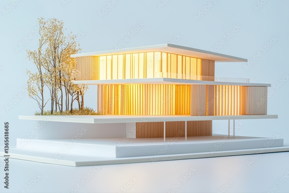 Poster modern architectural model with warm lighting effect
