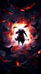 Fototapeta premium Warrior in the Inferno: A silhouetted warrior stands defiantly amidst a fiery inferno, surrounded by ominous figures, their form emerging from the heart of the flames
