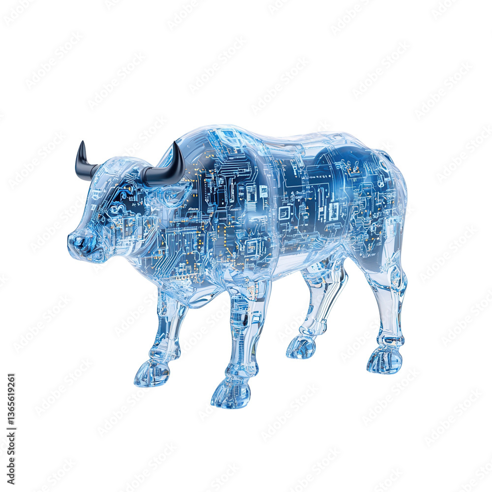 Poster digital bull made of circuit patterns on a black background.