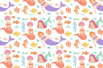 Colorful mermaid and sea life pattern with cartoon fish and coral elements.