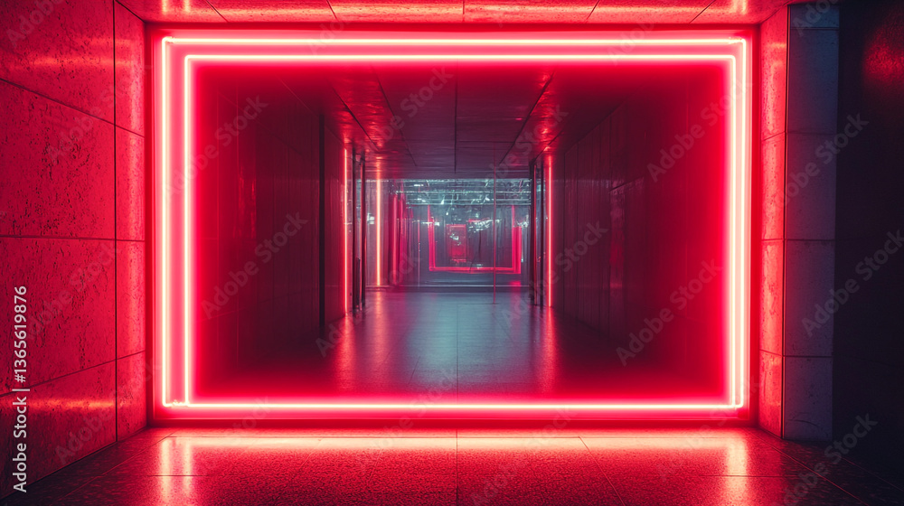 Poster a red neon square tunnel with a reflective floor and a vanishing point in the distance