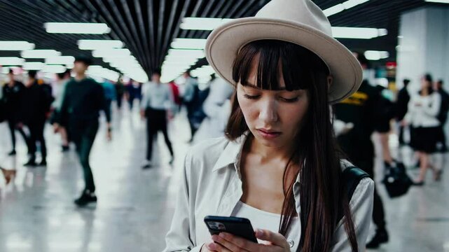 Worried female tourist experiencing stress while reading alarming travel news on smartphone, surrounded by moving passengers inside bustling airport terminal during slow motion sequence