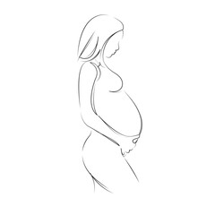 One continuous line art drawing flat illustration mother, pregnant, female, woman, pregnancy, belly, maternity, tummy, baby. Isolated image hand draw outline on white background