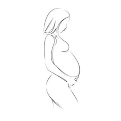 One continuous line art drawing flat illustration mother, pregnant, female, woman, pregnancy, belly, maternity, tummy, baby. Isolated image hand draw outline on white background