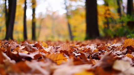 Close - up of fallen leaves on the forest floor with sharp focus, vividly showing their details, while blurred trees in the background set off the beauty of autumn.