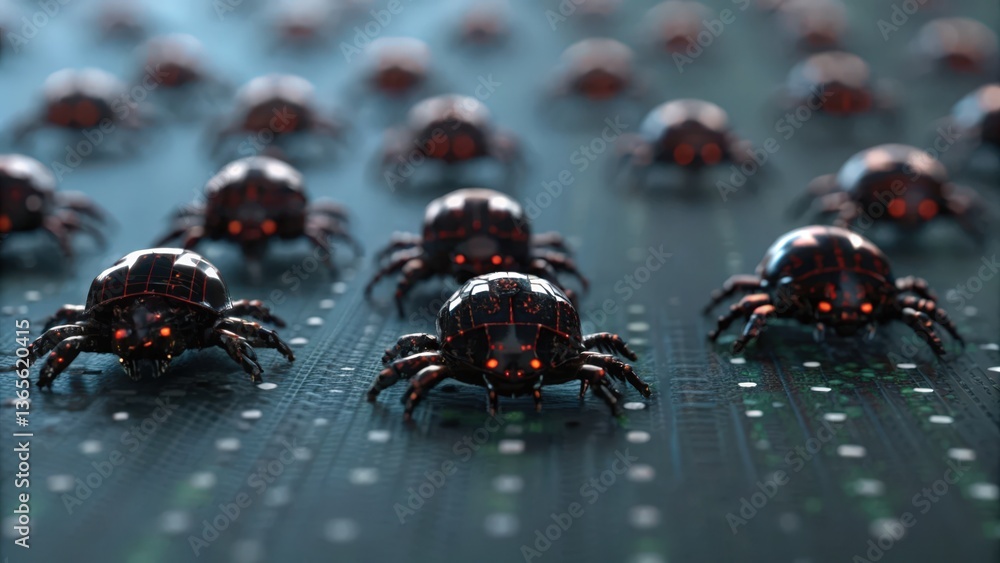 Aufkleber a digital artwork depicting malware bugs represented by broken pixels in a swarm-like formation.